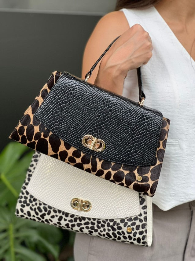 Bolso Manos Libres Leto Leopardo Miel X Negro - Leopardo Blanco X Blanco